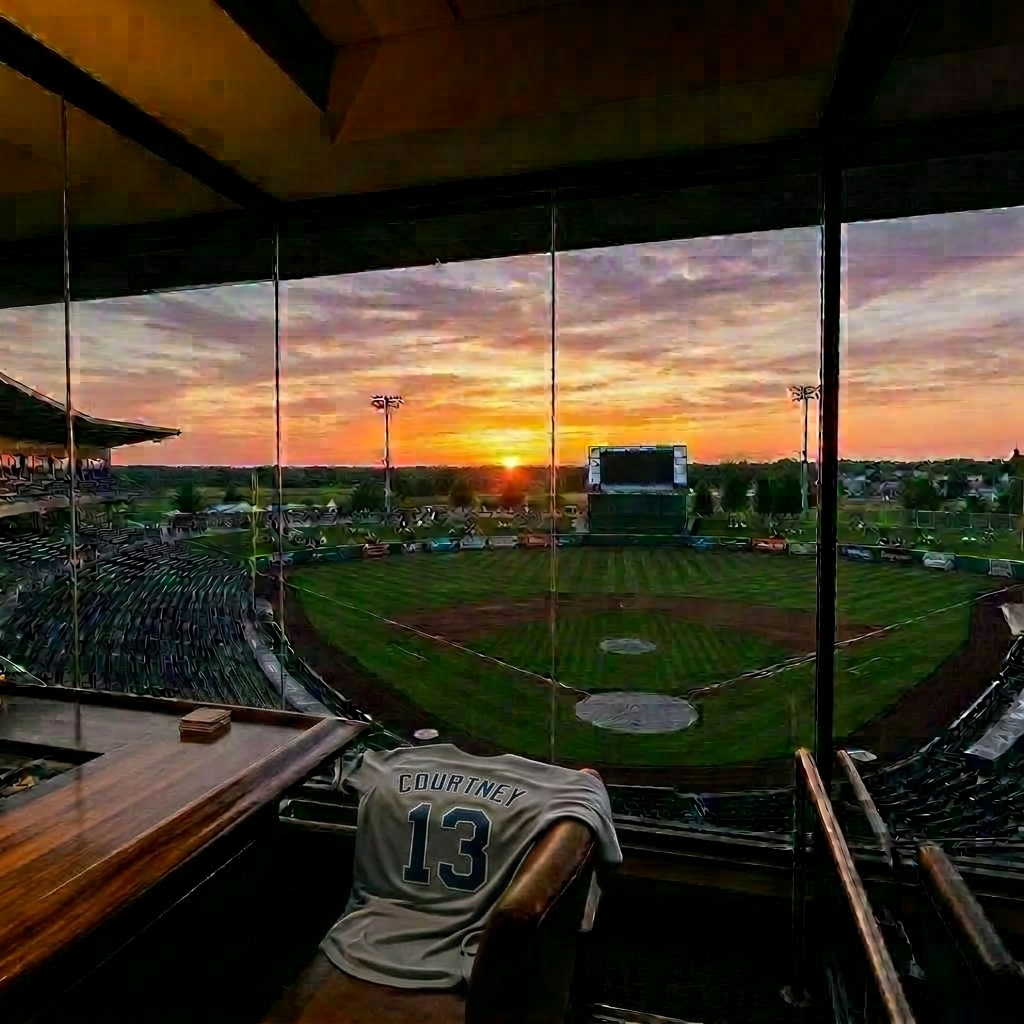 Empty baseball stadium viewed from a glass-enclosed luxury suite at sunset